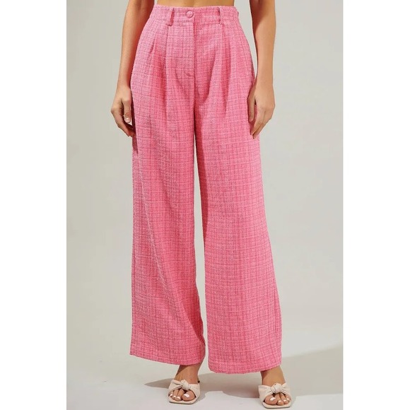 Sugarlips Pants - Sugarlips Adriella Pink Tweed Wide Leg High Rise Pleated Trousers‎ NWT Women's L